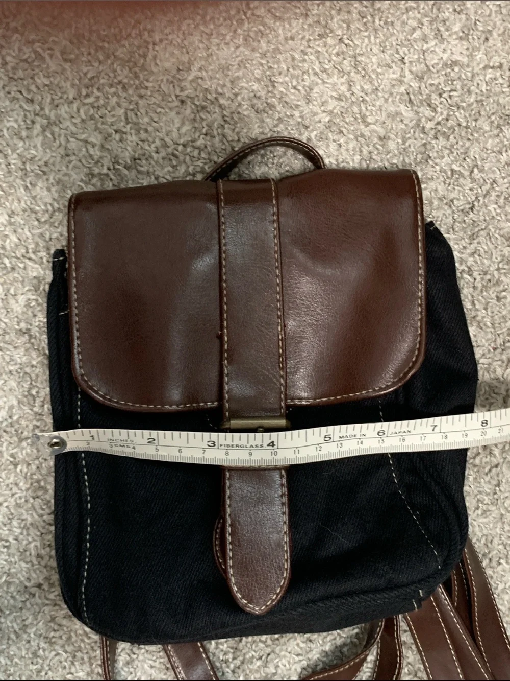 Y2K Black Canvas Square Mini Backpack with Brown Faux Leather Trim